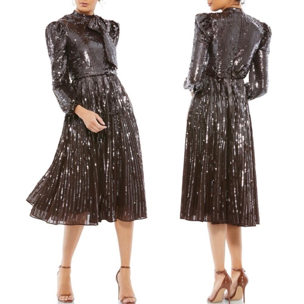 Mac Duggal NWT Brown Long Sleeve Sequin Tea Length Dress Size 20 Accent Bow
